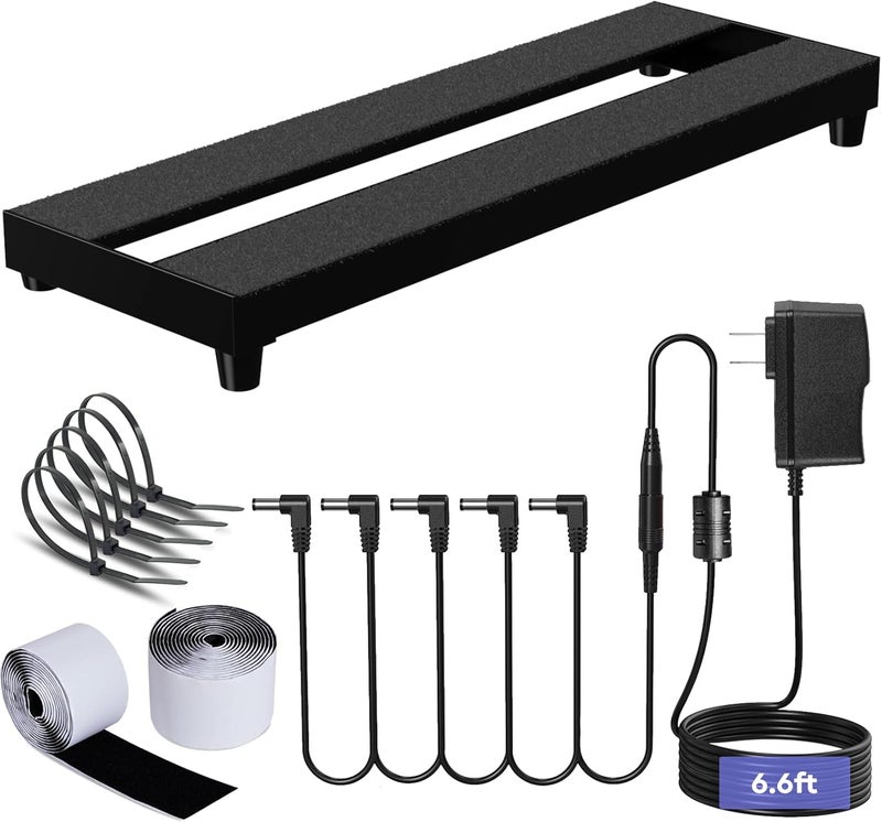 AYCRIT Mini Guitar Pedal Board, Aluminum Alloy 0.9lb Small Effect Bass Pedalboard, 16 * 5.3in, with Pedal Power Supply Adapter 9V DC 1A 2m, 5 Way Daisy Chain Cables, Cable Tie, Black - Image 1